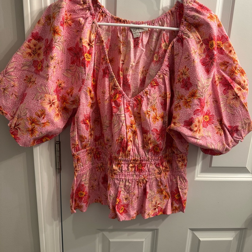 LOFT Pink and Orange Puff Sleeve Blouse with Ruffled Smocked Details